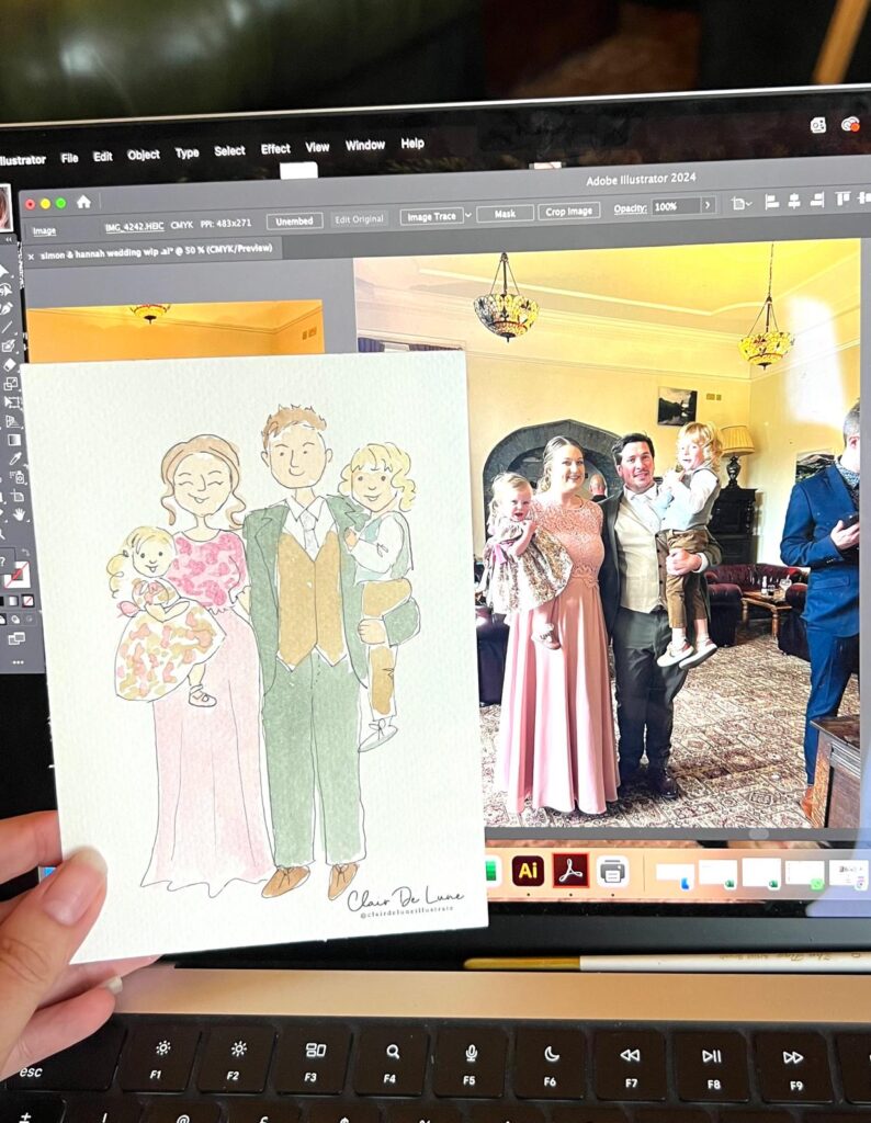 Simon & Hannah – Craig Y Nos castle wedding illustration, family