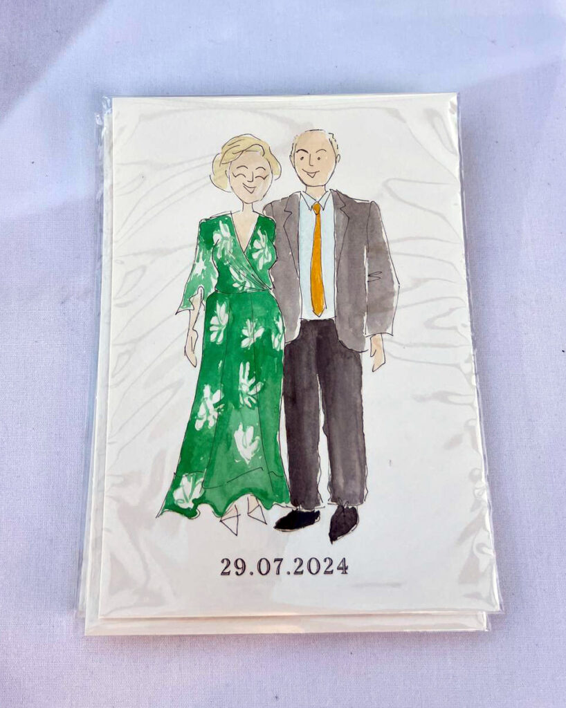 Rachel and Reece's wedding at Canada Lodge, Cardiff, wedding illustration